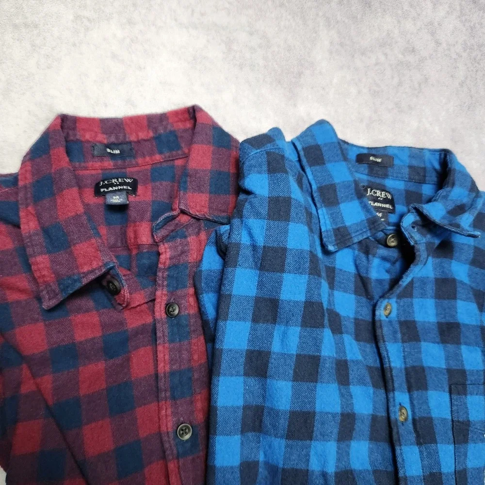 J‎ Crew Flannel Shirts Mens Medium Slim Fit Blue Black Buffalo Plaid - Lot of 2